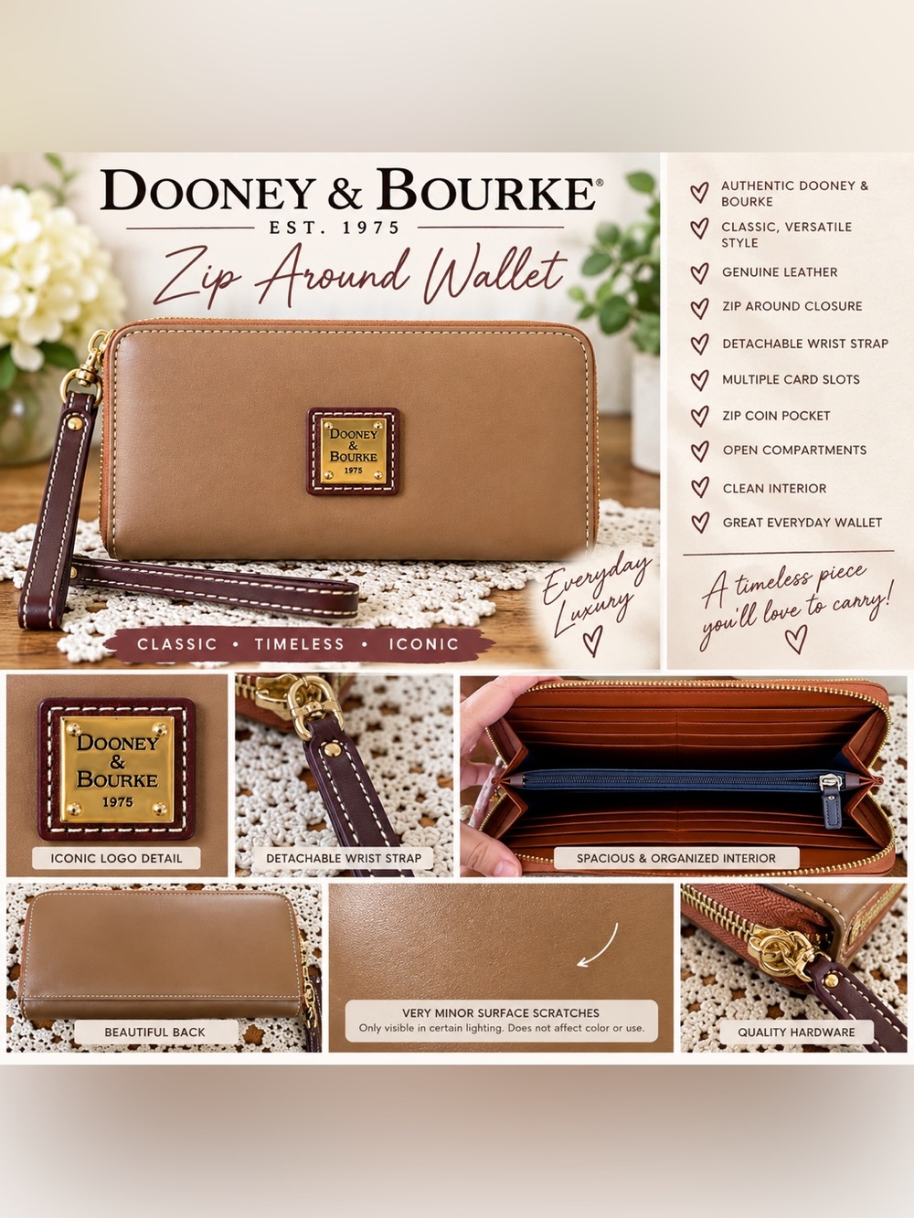 Dooney & Bourke Tan Leather Zip Around Wristlet Wallet Gold Hardware